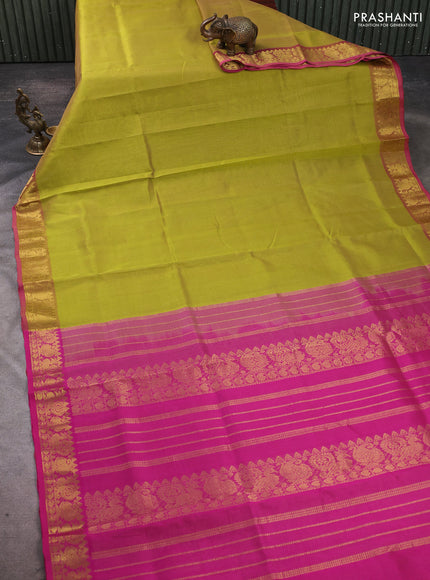 Silk cotton saree lime green and pink with allover vairosi pattern and annam zari woven border
