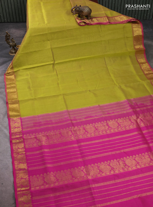 Silk cotton saree lime green and pink with allover vairosi pattern and annam zari woven border