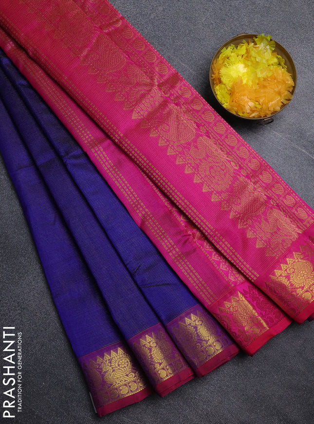 Silk cotton saree blue and pink with allover vairosi pattern and annam zari woven border
