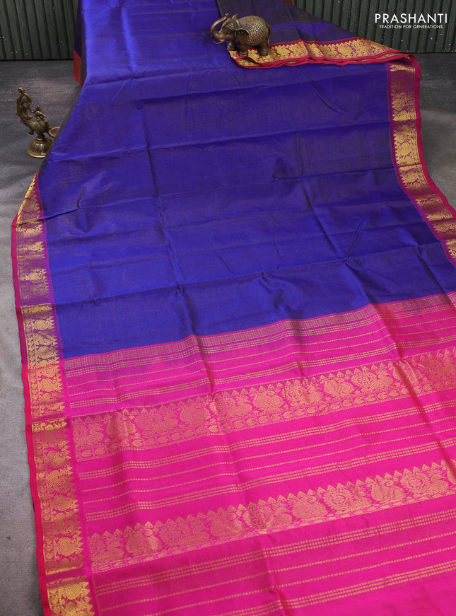 Silk cotton saree blue and pink with allover vairosi pattern and annam zari woven border
