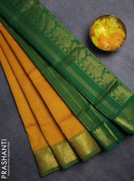 Silk cotton saree mango yellow and green with allover vairosi pattern and annam zari woven border