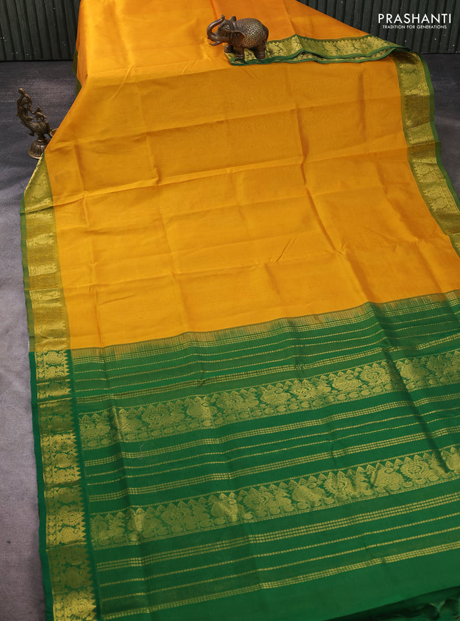 Silk cotton saree mango yellow and green with allover vairosi pattern and annam zari woven border