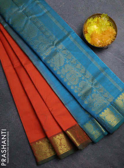 Silk cotton saree orange and peacock blue with allover vairosi pattern and annam zari woven border