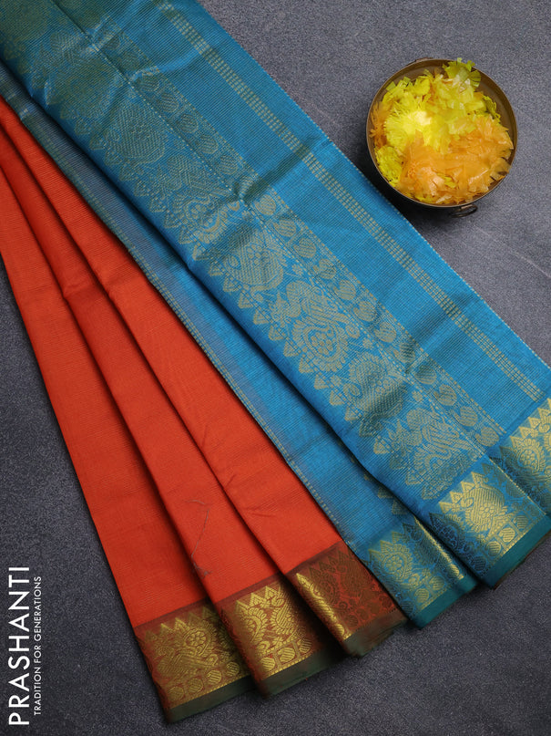 Silk cotton saree orange and peacock blue with allover vairosi pattern and annam zari woven border