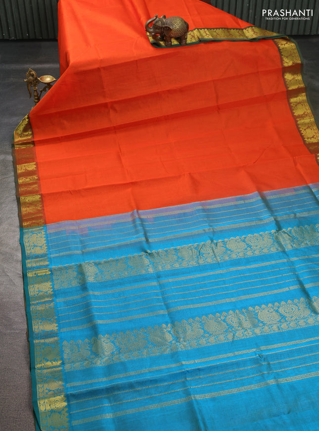 Silk cotton saree orange and peacock blue with allover vairosi pattern and annam zari woven border