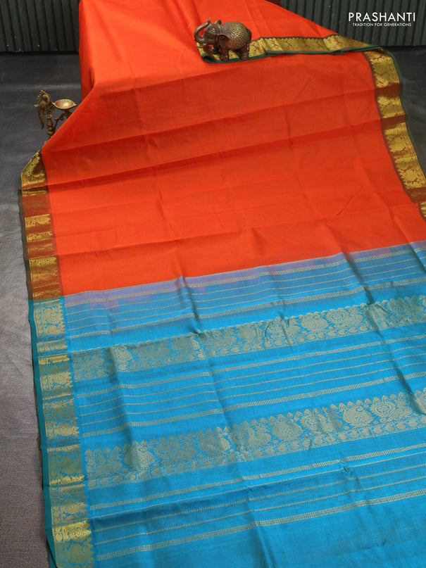 Silk cotton saree orange and peacock blue with allover vairosi pattern and annam zari woven border