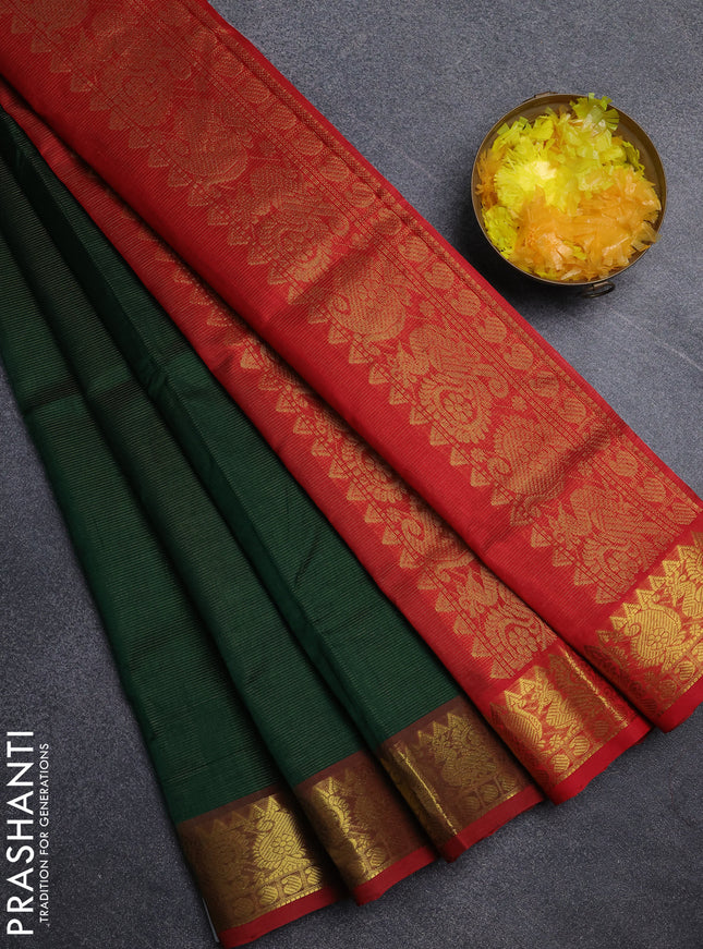 Silk cotton saree bottle green and red with allover vairosi pattern and annam zari woven border