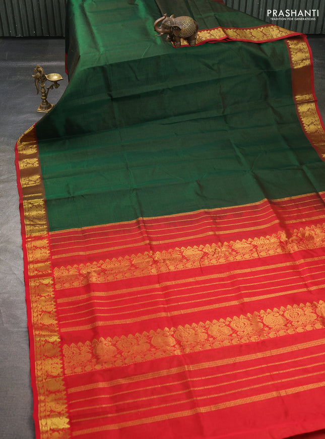 Silk cotton saree bottle green and red with allover vairosi pattern and annam zari woven border