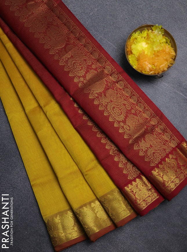 Silk cotton saree mustard yellow and maroon with allover vairosi pattern and annam zari woven border