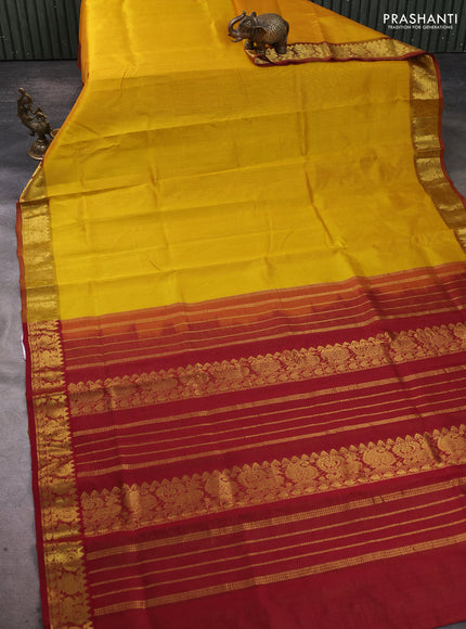 Silk cotton saree mustard yellow and maroon with allover vairosi pattern and annam zari woven border
