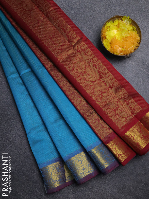 Silk cotton saree cs blue and maroon with allover vairosi pattern and annam zari woven border
