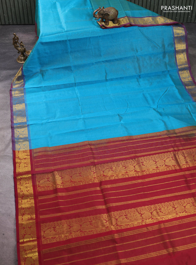 Silk cotton saree cs blue and maroon with allover vairosi pattern and annam zari woven border