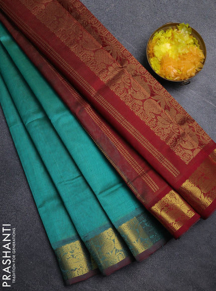 Silk cotton saree teal green and maroon with allover vairosi pattern and annam zari woven border