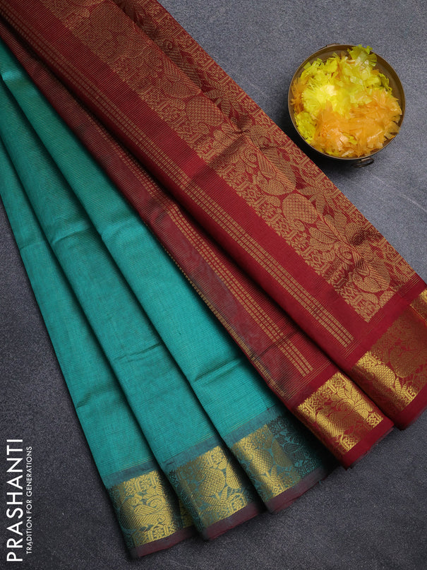 Silk cotton saree teal green and maroon with allover vairosi pattern and annam zari woven border
