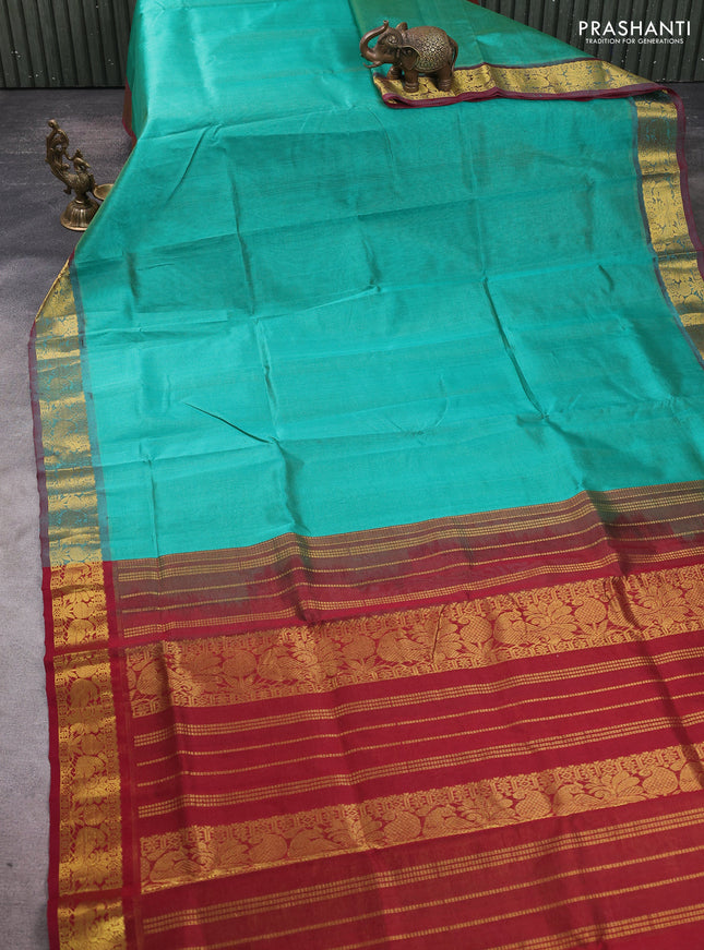 Silk cotton saree teal green and maroon with allover vairosi pattern and annam zari woven border
