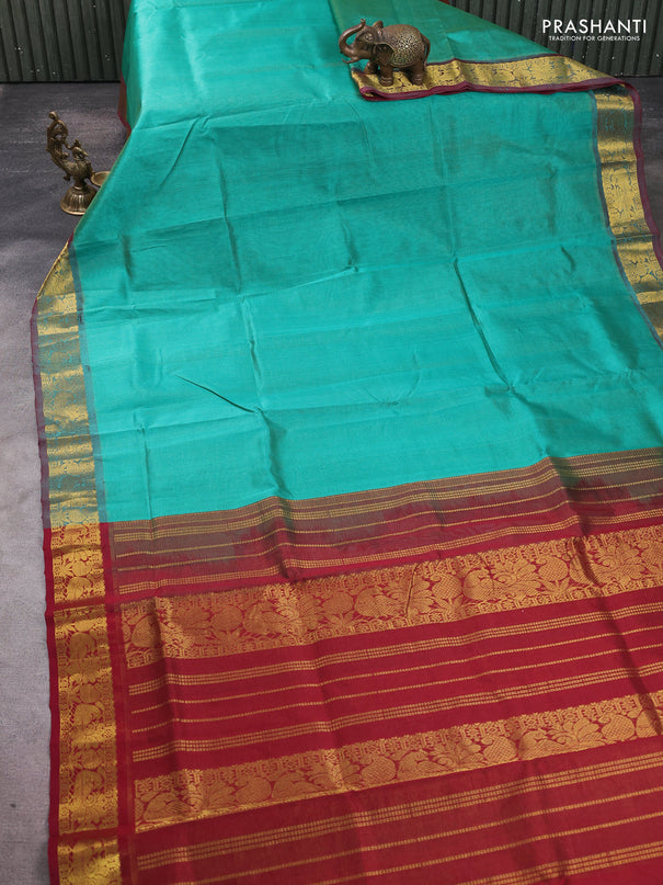 Silk cotton saree teal green and maroon with allover vairosi pattern and annam zari woven border