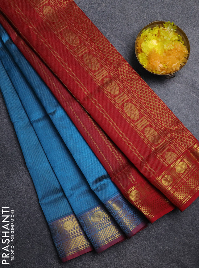 Silk cotton saree cs blue and red with allover vairosi pattern and zari wovn border