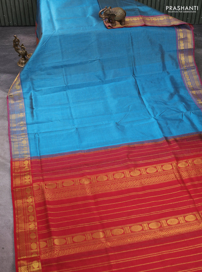 Silk cotton saree cs blue and red with allover vairosi pattern and zari wovn border