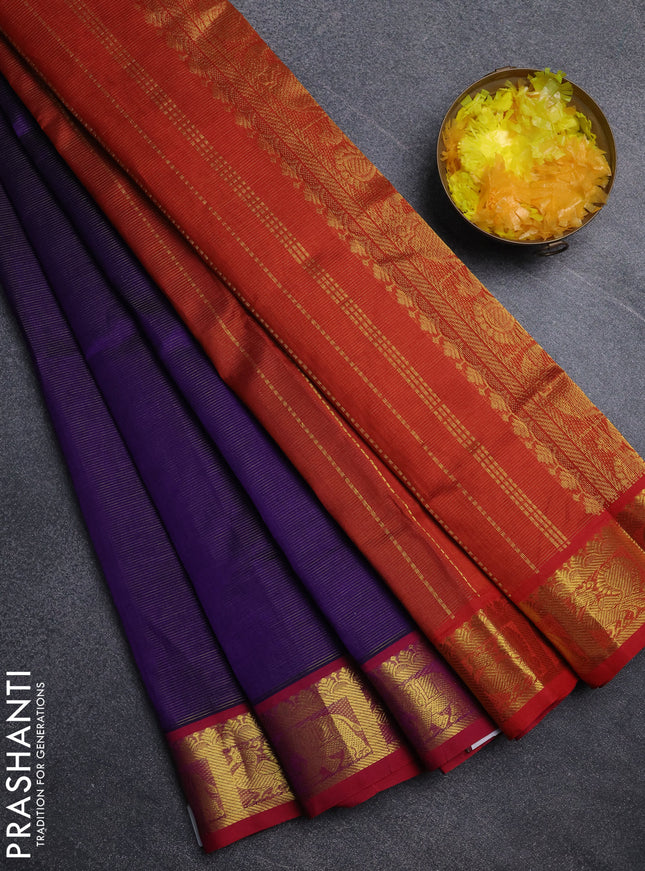 Silk cotton saree violet and red with allover vairosi pattern and annam zari woven border