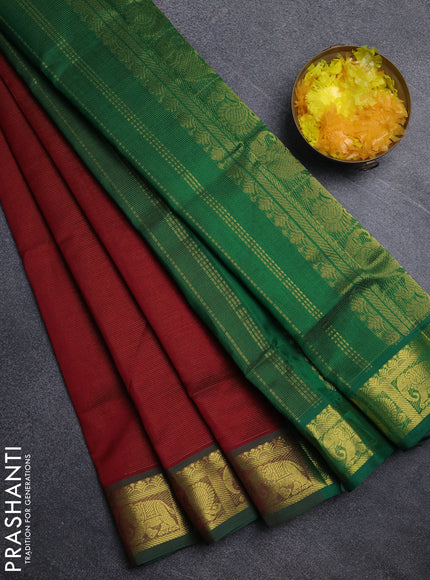 Silk cotton saree maroon and green with allover vairosi pattern and annam zari woven border