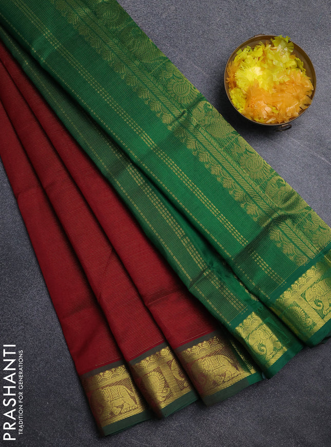 Silk cotton saree maroon and green with allover vairosi pattern and annam zari woven border