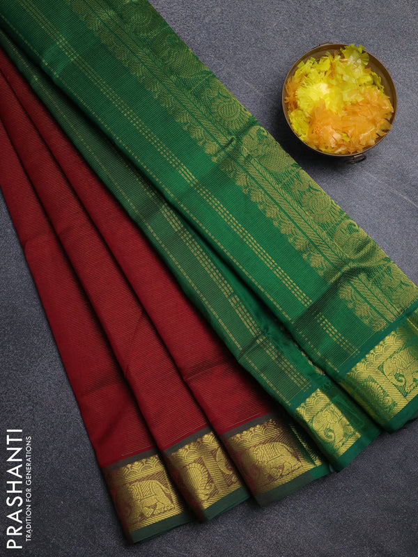 Silk cotton saree maroon and green with allover vairosi pattern and annam zari woven border