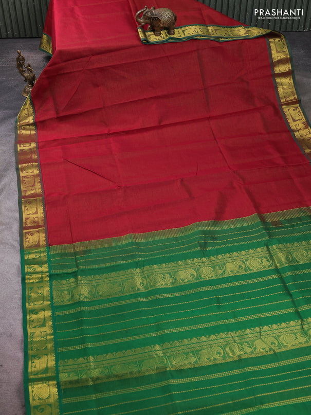 Silk cotton saree maroon and green with allover vairosi pattern and annam zari woven border