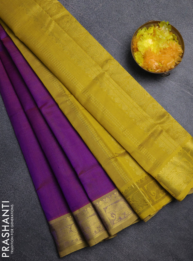 Silk cotton saree purple and mustard yellow with allover vairosi pattern and annam zari woven border