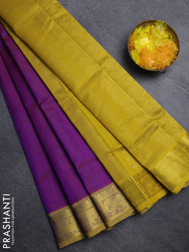 Silk cotton saree purple and mustard yellow with allover vairosi pattern and annam zari woven border