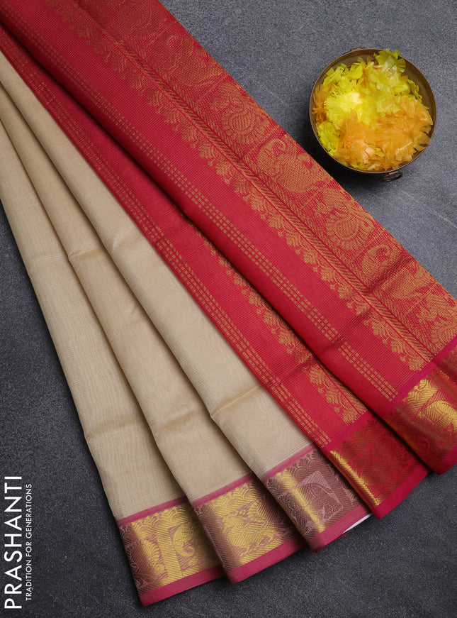 Silk cotton saree cream and pink with allover vairosi pattern and annam zari woven border