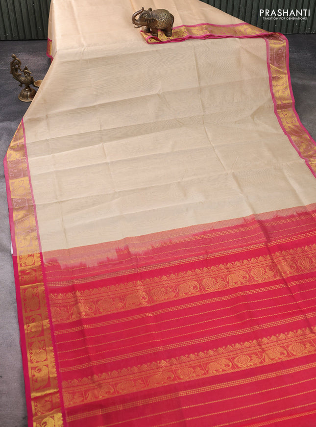 Silk cotton saree cream and pink with allover vairosi pattern and annam zari woven border