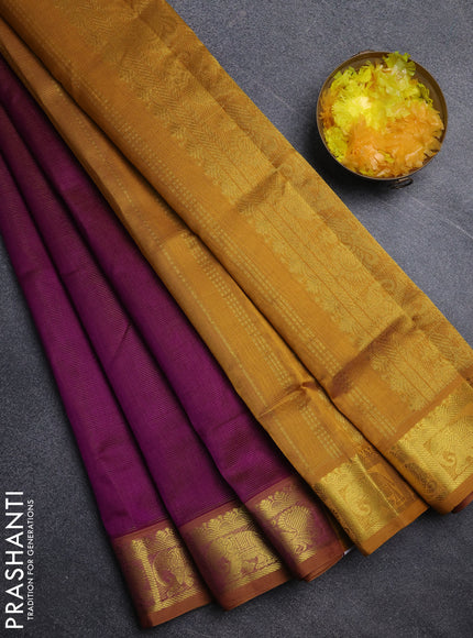 Silk cotton saree purple and mustard yellow with allover vairosi pattern and annam zari woven border
