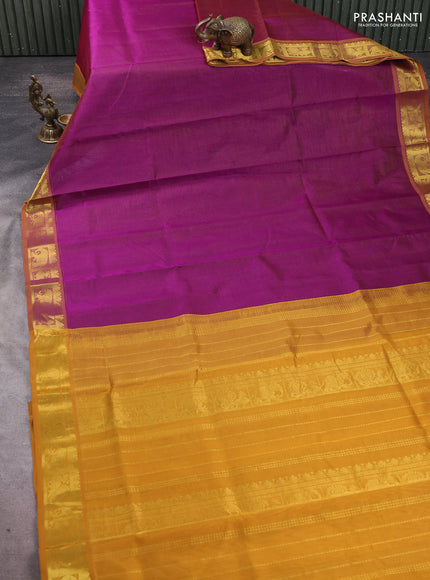 Silk cotton saree purple and mustard yellow with allover vairosi pattern and annam zari woven border