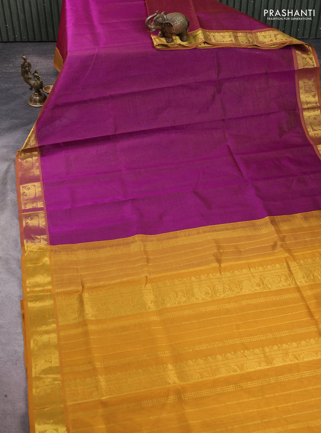 Silk cotton saree purple and mustard yellow with allover vairosi pattern and annam zari woven border