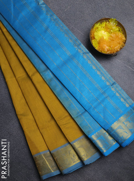 Silk cotton saree mustard yellow and cs blue with allover vairosi pattern and annam zari woven border