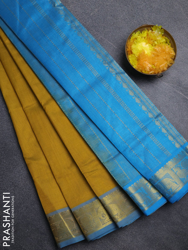 Silk cotton saree mustard yellow and cs blue with allover vairosi pattern and annam zari woven border