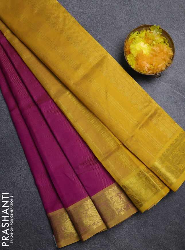 Silk cotton saree purple and mustard yellow with allover vairosi pattern and annam zari woven border
