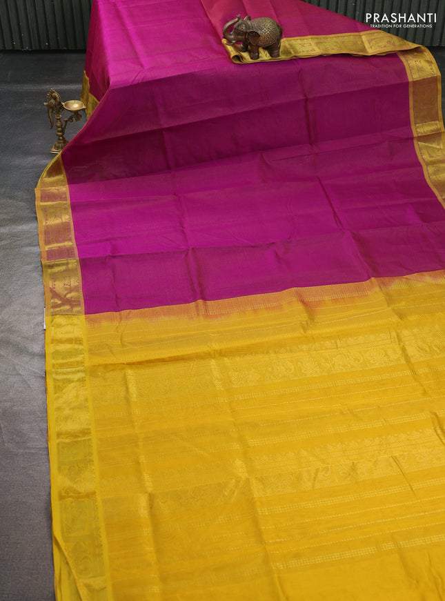 Silk cotton saree purple and mustard yellow with allover vairosi pattern and annam zari woven border