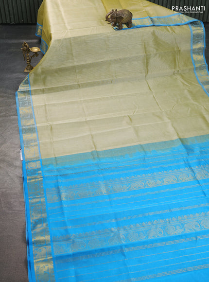 Silk cotton saree pista green and cs blue with allover vairosi pattern and annam zari woven border
