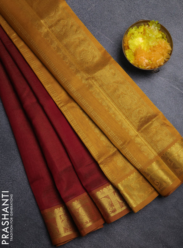 Silk cotton saree deep maroon and mustard yellow with allover vairosi pattern and annam zari woven border