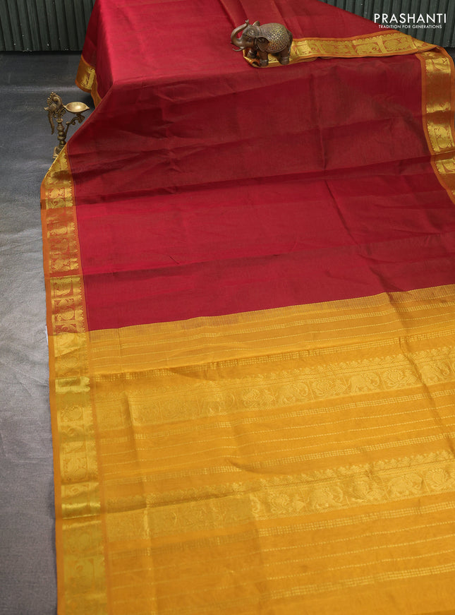 Silk cotton saree deep maroon and mustard yellow with allover vairosi pattern and annam zari woven border