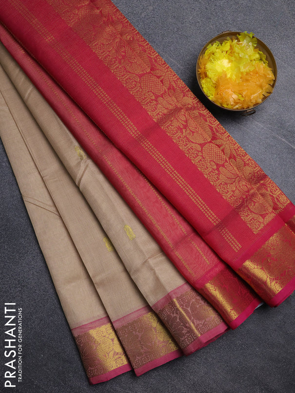 Silk cotton saree beige and pink with paisley zari woven buttas and annam zari woven border