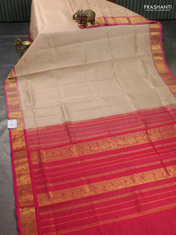 Silk cotton saree beige and pink with paisley zari woven buttas and annam zari woven border