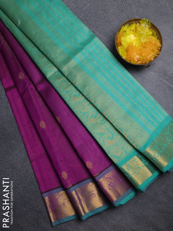 Silk cotton saree purple and teal green with allover vairosi pattern & buttas and elephant zari woven border