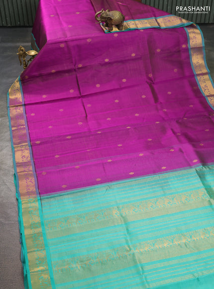 Silk cotton saree purple and teal green with allover vairosi pattern & buttas and elephant zari woven border