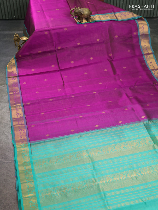 Silk cotton saree purple and teal green with allover vairosi pattern & buttas and elephant zari woven border