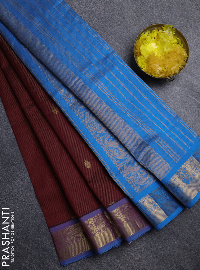 Silk cotton saree maroon and cs blue with allover vairosi pattern & buttas and elephant zari woven border