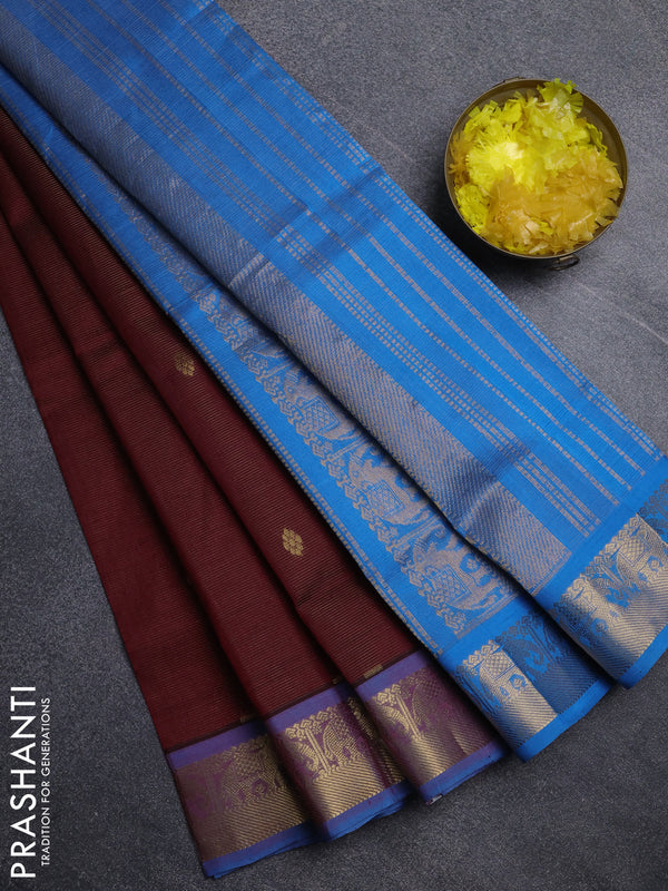 Silk cotton saree maroon and cs blue with allover vairosi pattern & buttas and elephant zari woven border