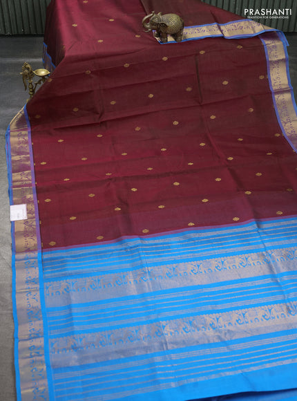 Silk cotton saree maroon and cs blue with allover vairosi pattern & buttas and elephant zari woven border