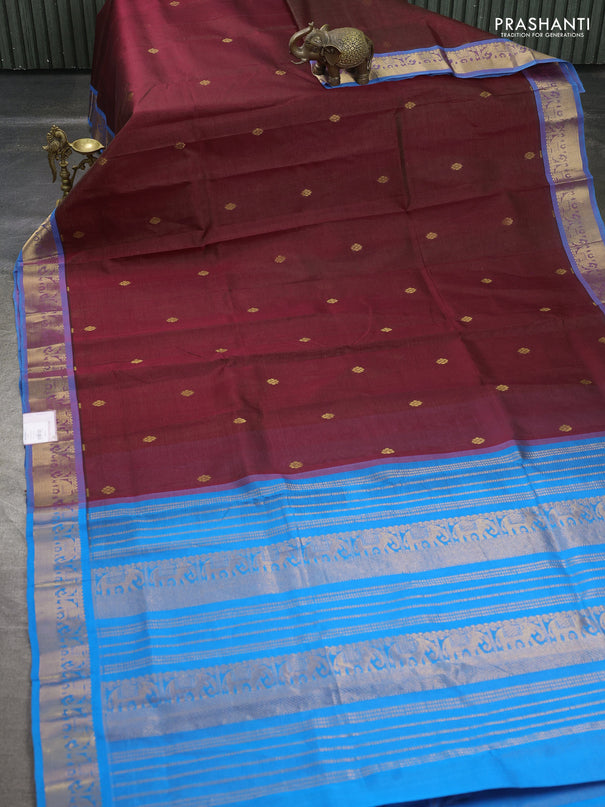 Silk cotton saree maroon and cs blue with allover vairosi pattern & buttas and elephant zari woven border